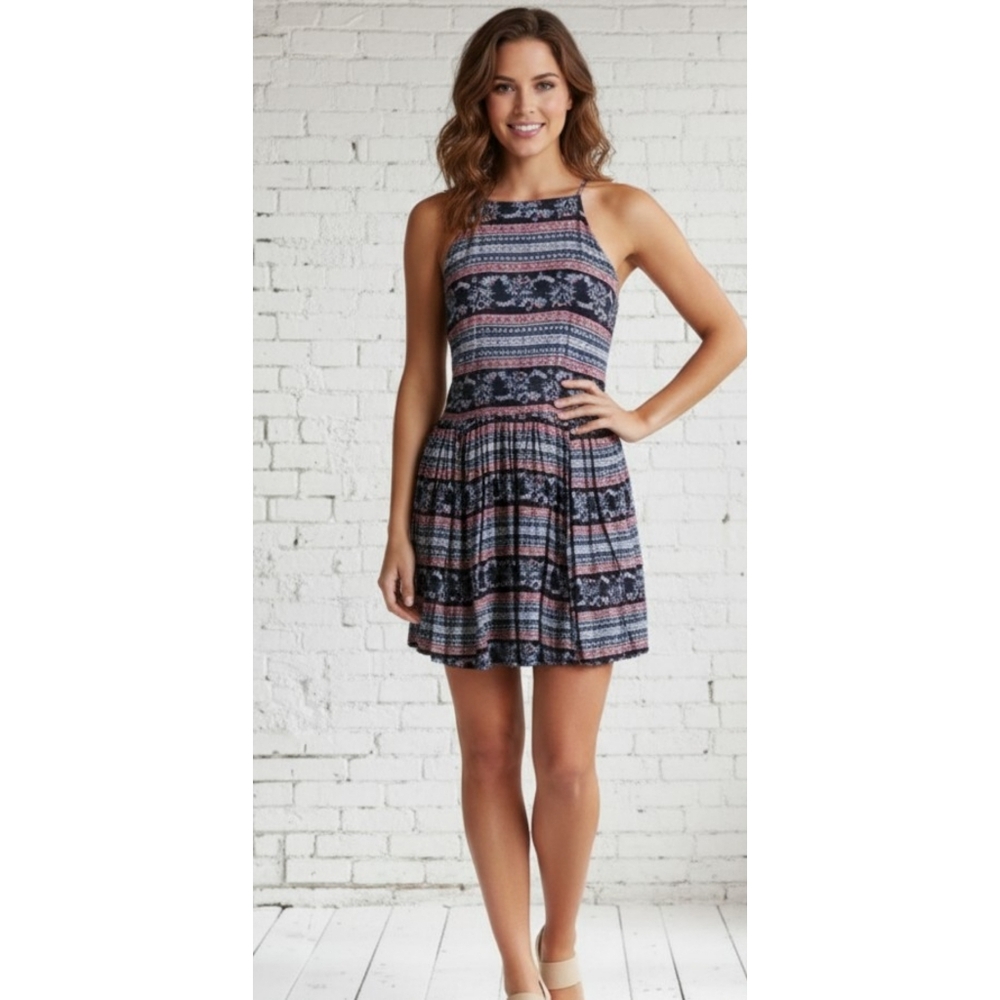 American Eagle Halter Neck Fit & Flare Mini Dress Multicolor Patterned Size M